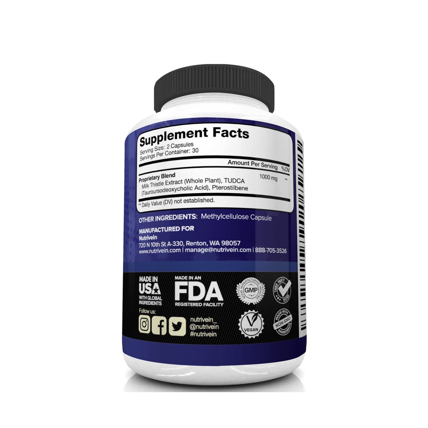 Nutrivein TUDCA Liver Support 1000mg - Desintoxicación y Limpieza del Hígado - 60 Cápsulas