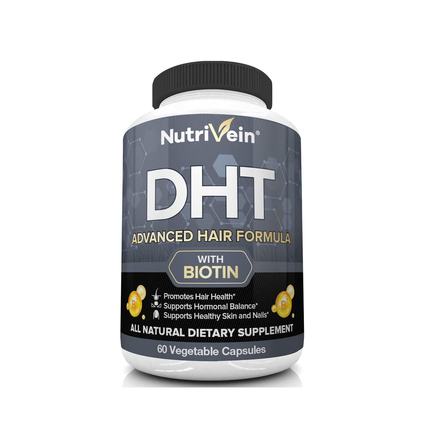 Nutrivein DHT Blocker con Biotina: Estimula el crecimiento del cabello y el desarrollo de nuevos folículos en hombres y mujeres.