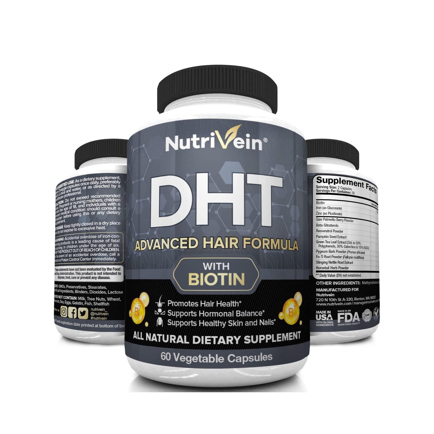 Nutrivein DHT Blocker con Biotina: Estimula el crecimiento del cabello y el desarrollo de nuevos folículos en hombres y mujeres.
