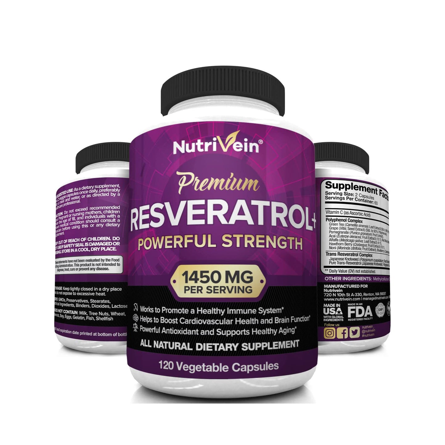 Nutrivein Resveratrol 1450mg - 120 Cápsulas