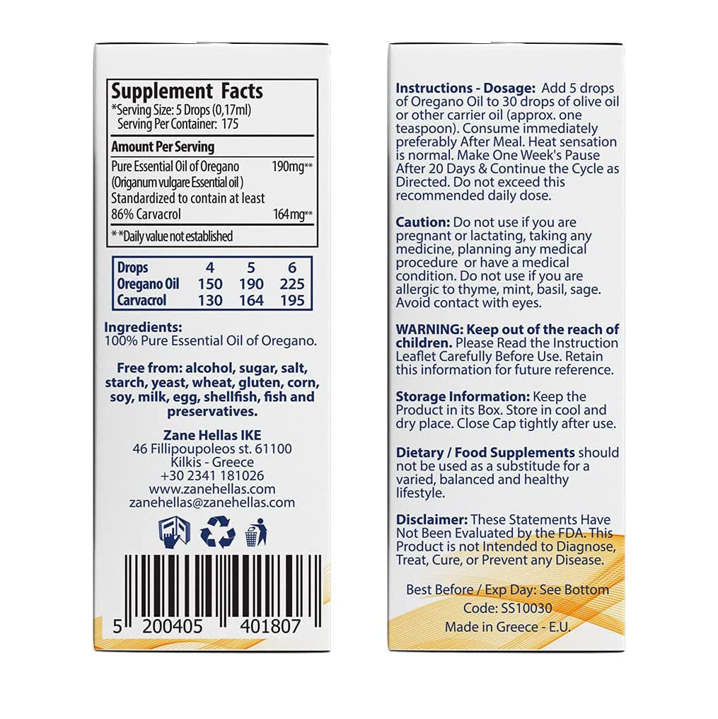 ZANE HELLAS - Oregano Oil 90% Carvacrol 30ml