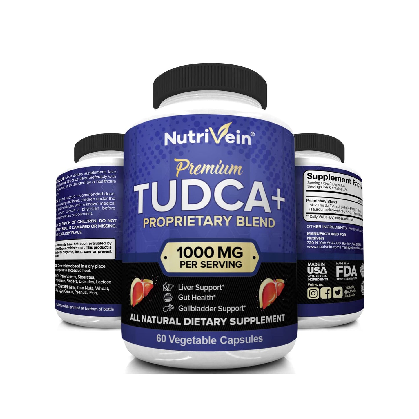 Nutrivein TUDCA Liver Support 1000mg - Desintoxicación y Limpieza del Hígado - 60 Cápsulas