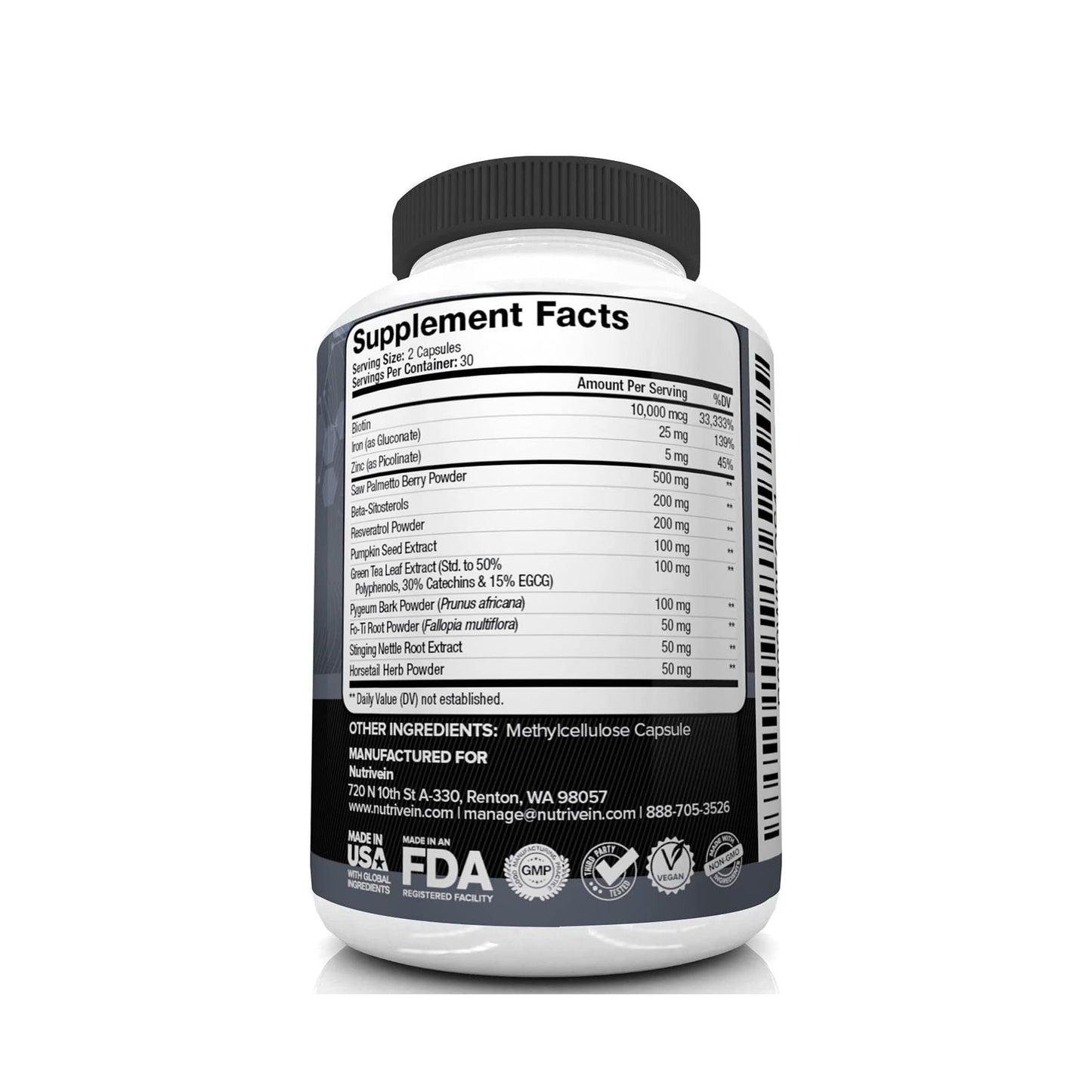 Nutrivein DHT Blocker con Biotina: Estimula el crecimiento del cabello y el desarrollo de nuevos folículos en hombres y mujeres.