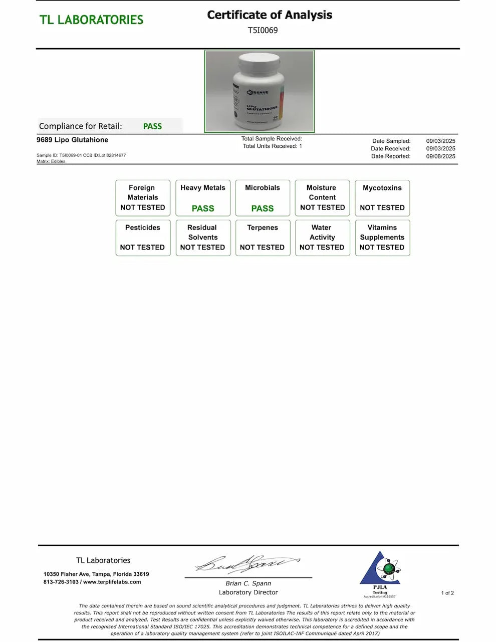 Glutatión liposomal Renue By Science - certificado de análisis del lote