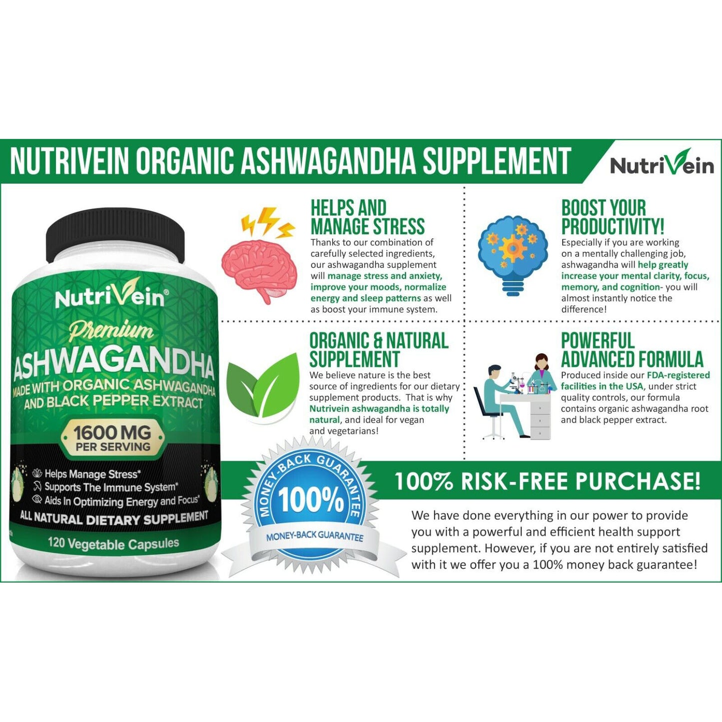 Nutrivein Organic Ashwagandha 1600mg - 120 Cápsulas