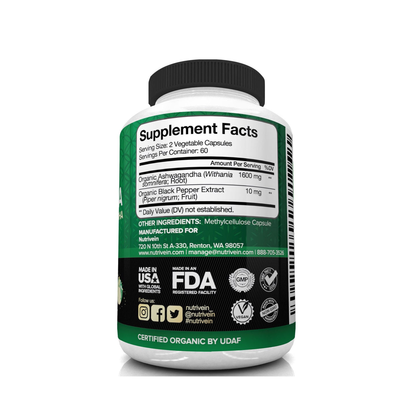 Nutrivein Organic Ashwagandha 1600mg - 120 Cápsulas
