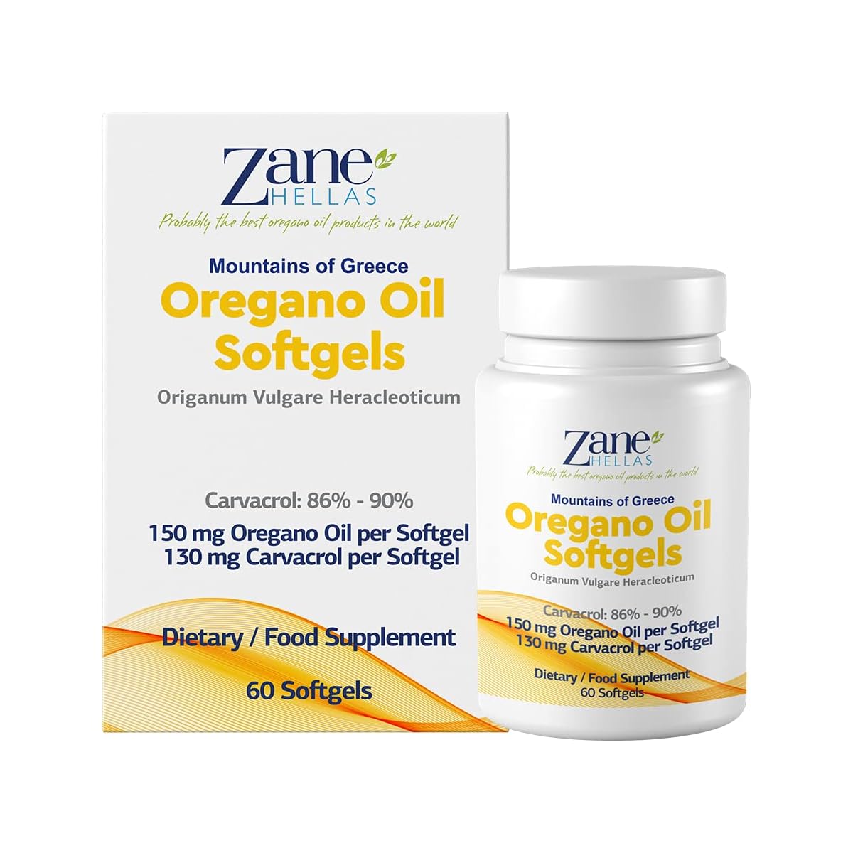Zane Hellas Oregano Oil Softgels 30% - frasco y caja de 60 cápsulas