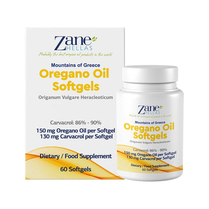 Zane Hellas Oregano Oil Softgels 30% - frasco y caja de 60 cápsulas