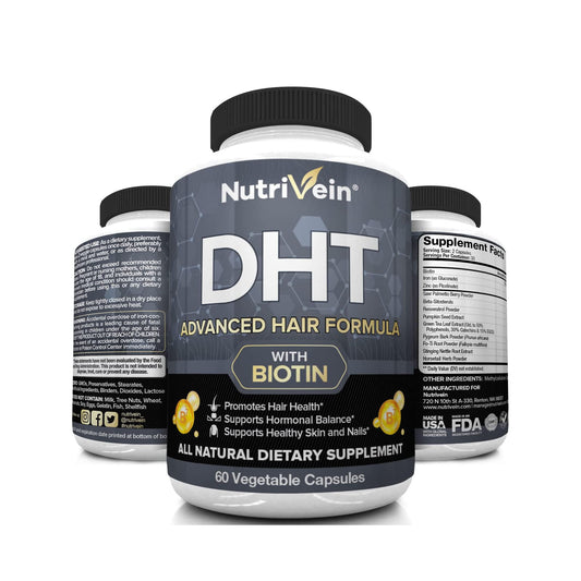 Nutrivein DHT Blocker con Biotina: Estimula el crecimiento del cabello y el desarrollo de nuevos folículos en hombres y mujeres.