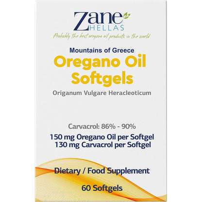 Zane Hellas Oregano Oil Softgels - frente de la caja, 86-90% carvacrol