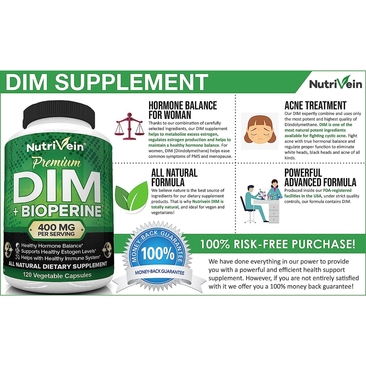 Nutrivein DIM 400mg Diindolylmethane + Bioperine - 120 Cápsulas