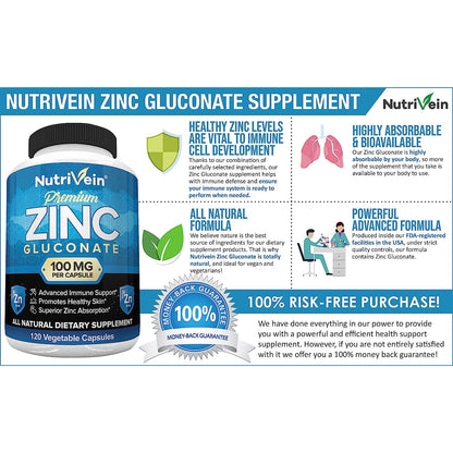 Nutrivein Premium Zinc Gluconate 100mg - 120 Cápsulas