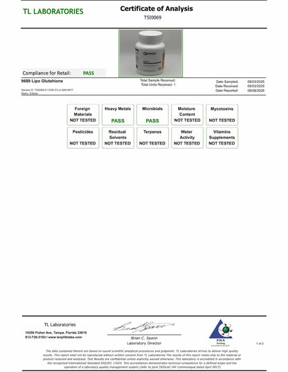 Glutatión liposomal Renue By Science - certificado de análisis del lote