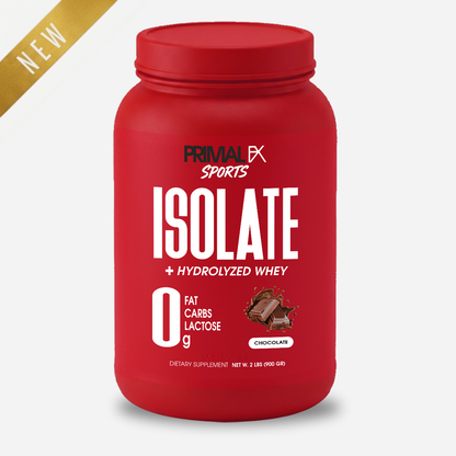 Isolate + Hydrolyzed Whey de Primal FX Sports sabor chocolate - envase frontal